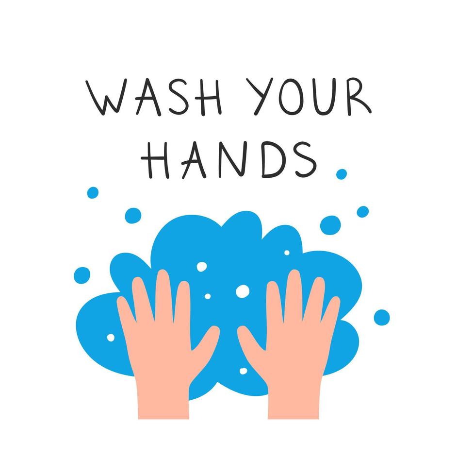 lavaggio delle mani. due mani con acqua e scritte lavati le mani. illustrazione vettoriale disegnata a mano.
