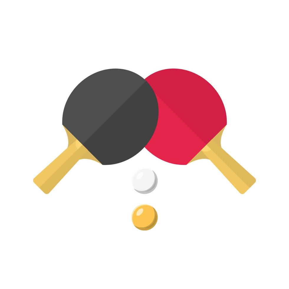 illustrazione piana di ping pong e ping pong. pagaia nera e rossa con design a icone lucide palline bianche e gialle su sfondo bianco isolato vettore