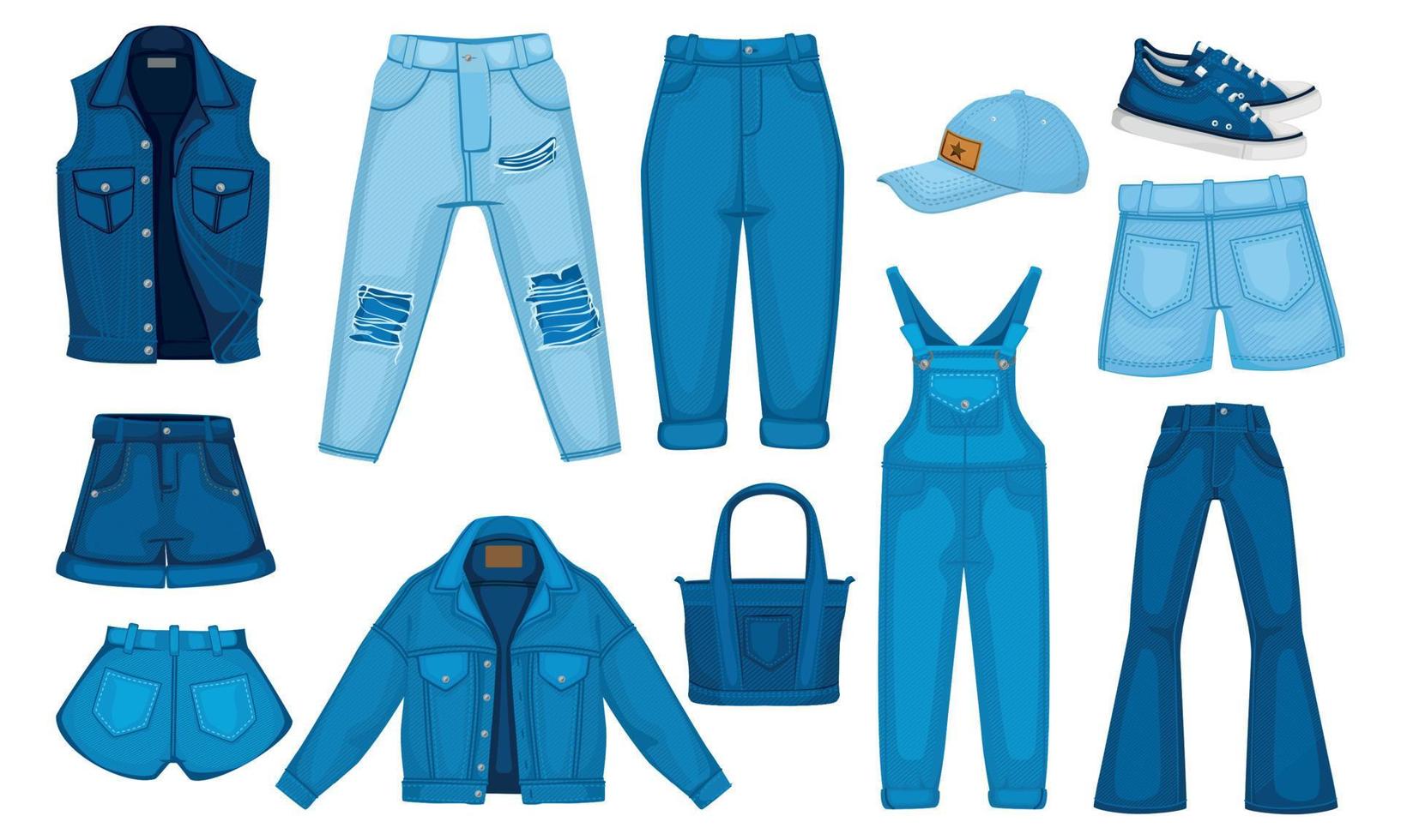 set di icone di vestiti in denim vettore