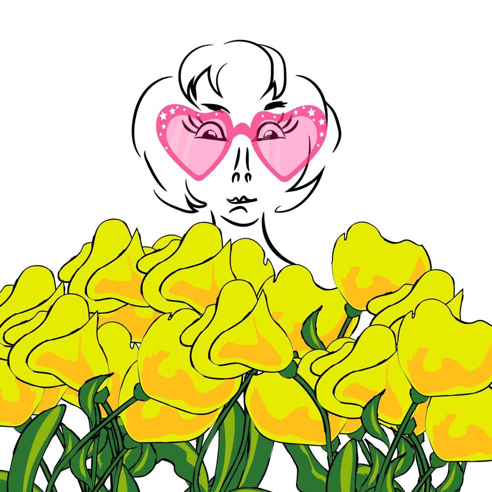 ragazza sorpresa con i fiori. donna e tulipani gialli. illustrazione vettoriale. design per il giorno della donna, vacanza di primavera, anniversario, compleanno. isolato su sfondo bianco. vettore