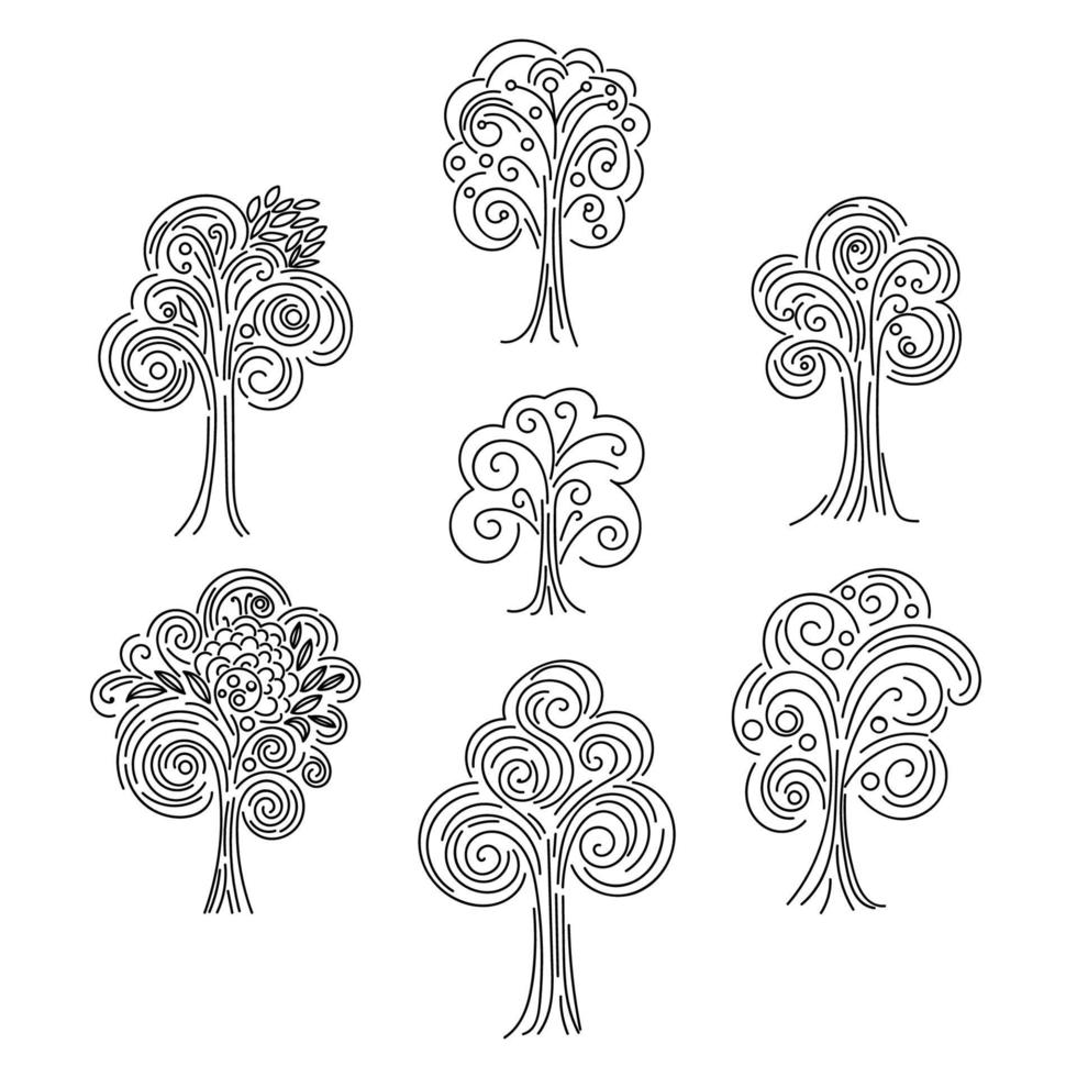 doodle collezione di alberi di linea sottile vettore