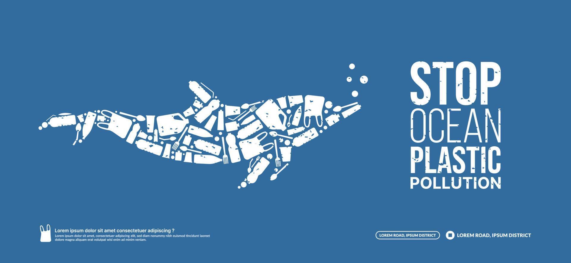 concetto di fermare l'inquinamento da plastica dell'oceano, il problema ambientale dell'oceano, il delfino animale marino composto da cucciolate di plastica, la giornata mondiale dell'oceano vettore