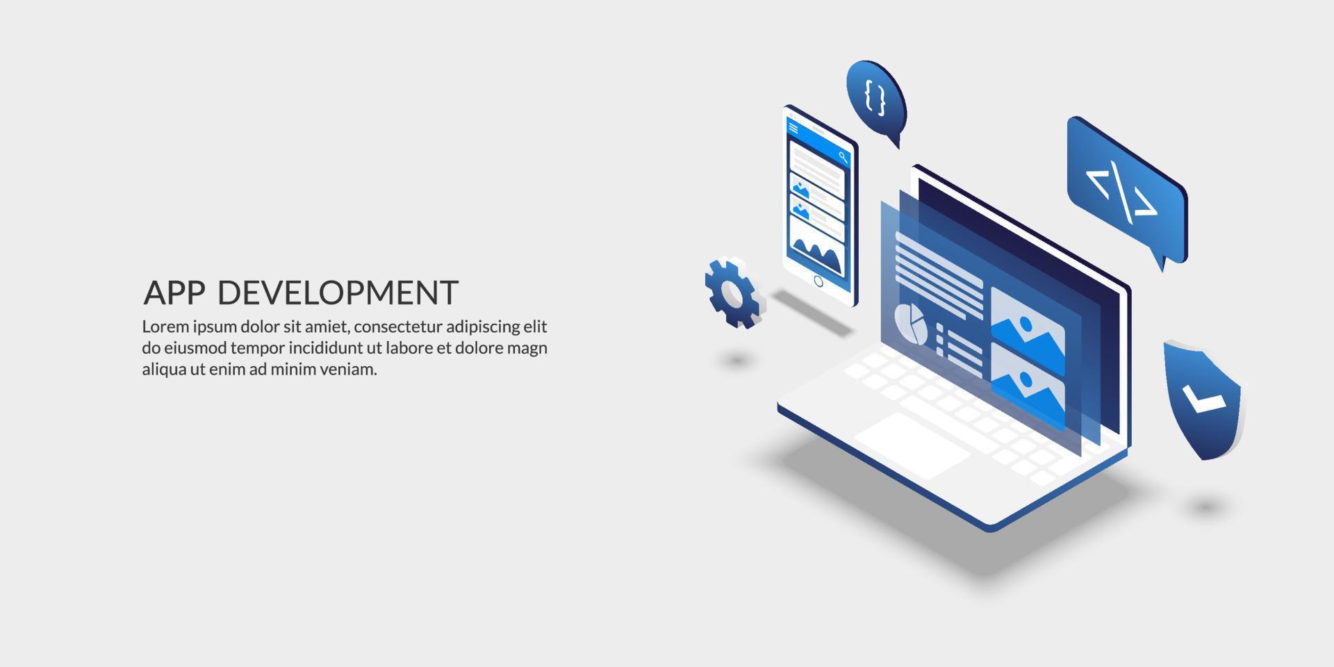 concetto di sviluppo di applicazioni mobili, design dell'interfaccia utente isometrica vettore