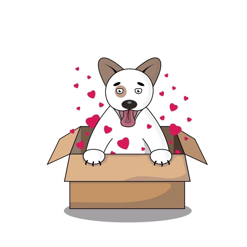 vettore bianco cane cartone animato in una scatola marrone, cuori rossi, vettore piatto, isolato su sfondo bianco