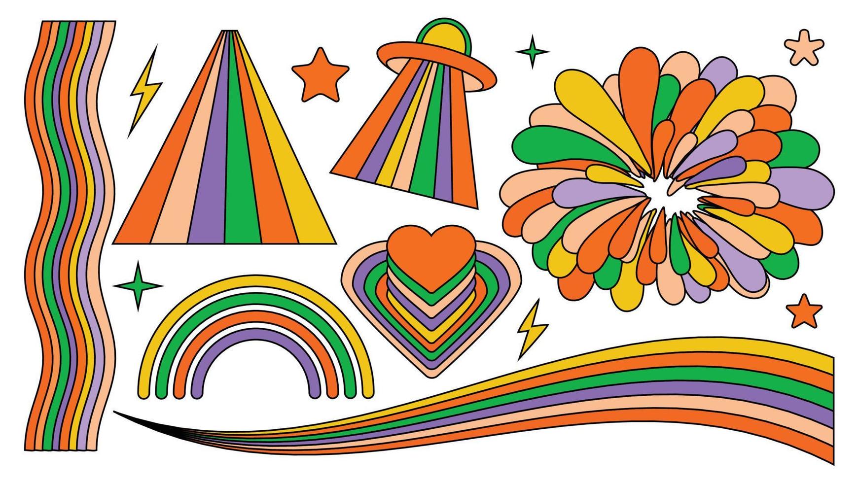 set di elementi psichedelici arcobaleno cool retrò hipster. una raccolta di clipart groovy iridescenti degli anni '70. tratto modificabile. disegno astratto di adesivi dei cartoni animati. illustrazione vettoriale di tendenza