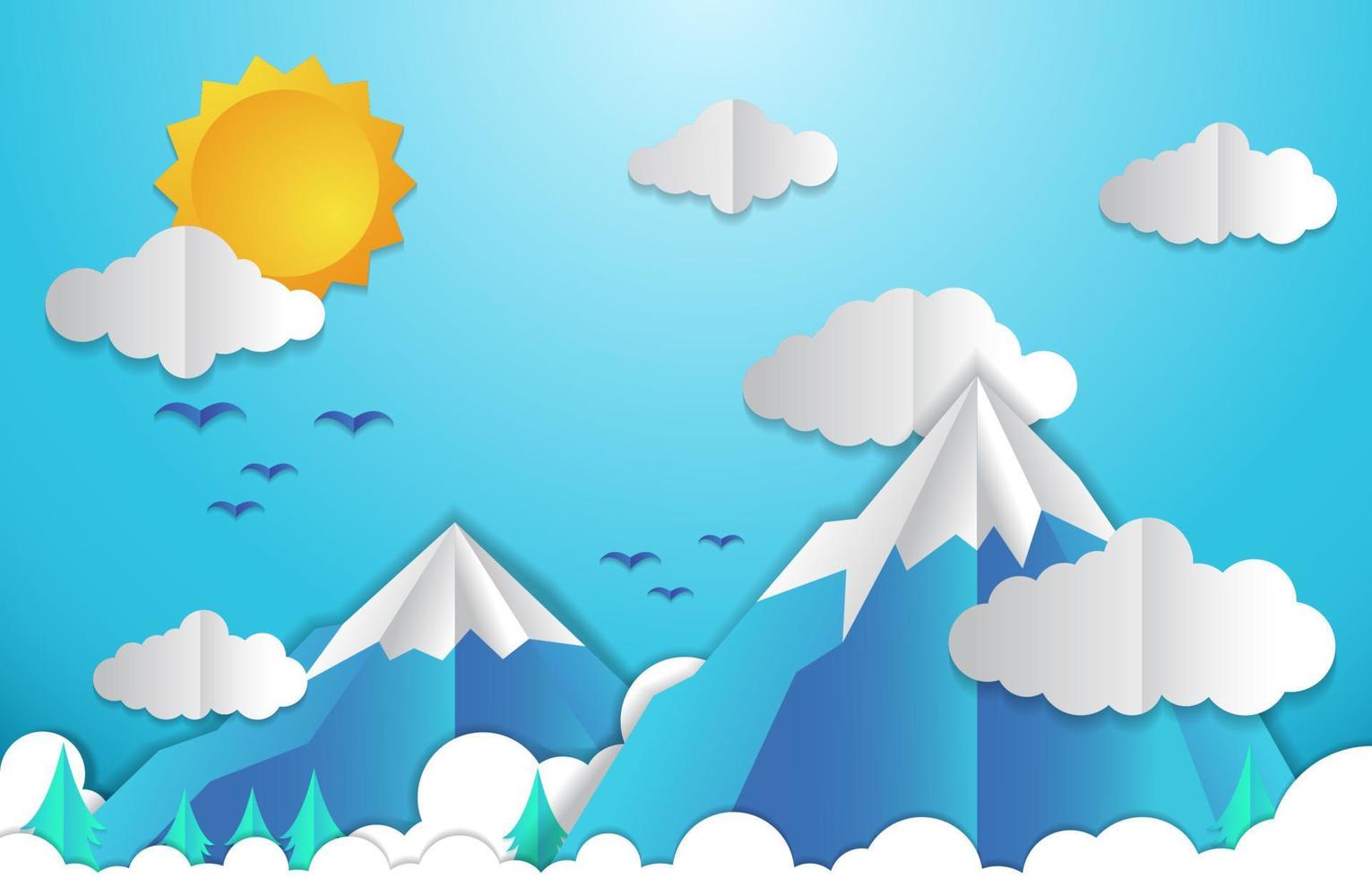 sfondo di carta tagliata di cielo blu di montagna vettore