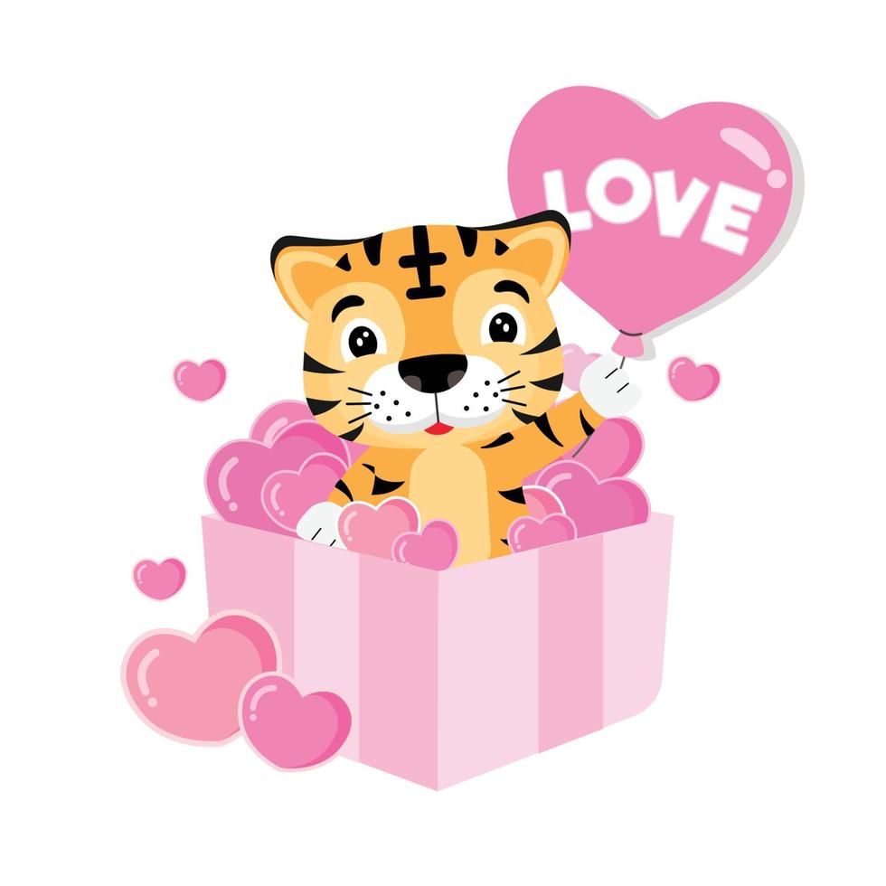 simpatica tigre con in mano un palloncino rosa e siediti nella confezione regalo. biglietto di auguri di san valentino. vettore