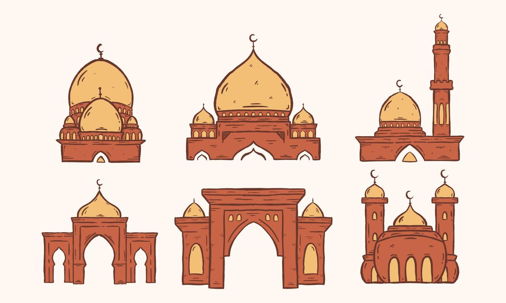 set di moschea islamica. illustrazione grafica vettoriale. concetto di design moschea con stile schizzo disegnato a mano vettore