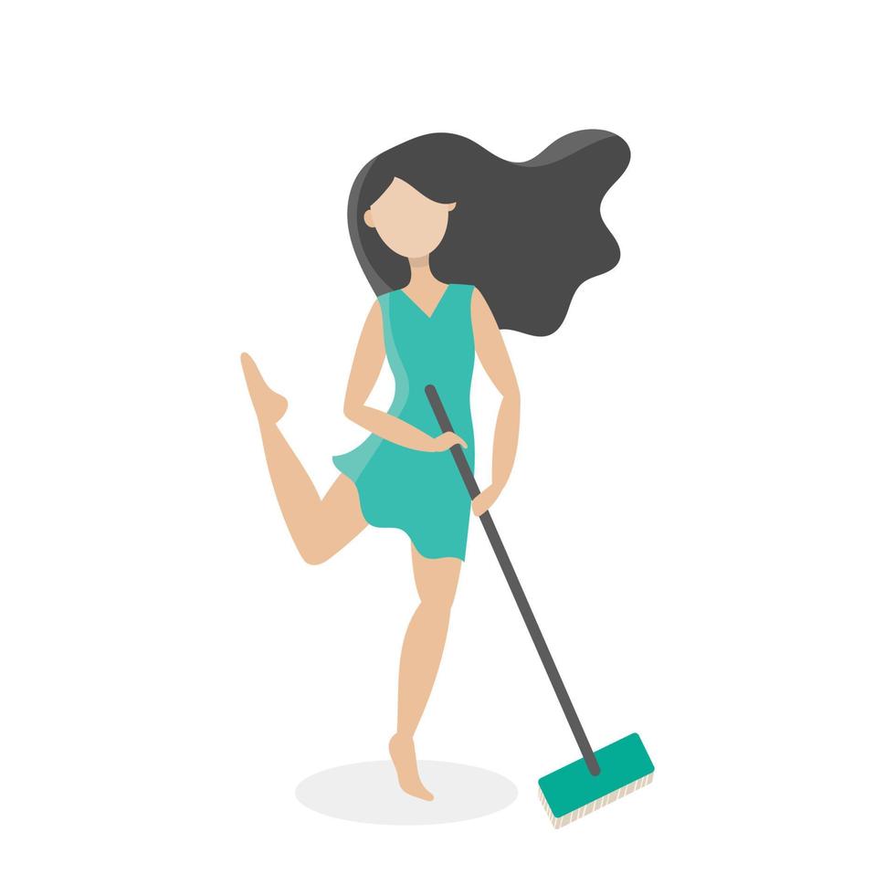 giovane donna casalinga che balla con un mop.lavoretti domestici, pulizia del pavimento.illustrazione isolata vettoriale piatta su sfondo bianco