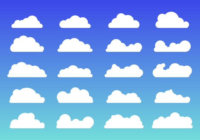 Set di nuvole bianche icone stile piatto alla moda su sfondo blu. Simbolo o logo del cloud, diverso per la progettazione del tuo sito web, logo, app, interfaccia utente vettore