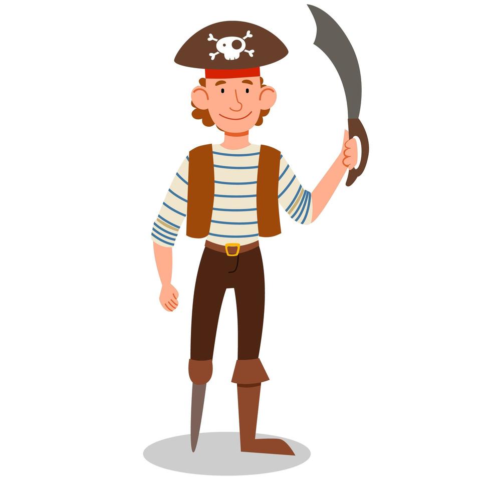 un personaggio pirata in completo, con indosso un cappello, senza gamba e con una spada in mano. vettore