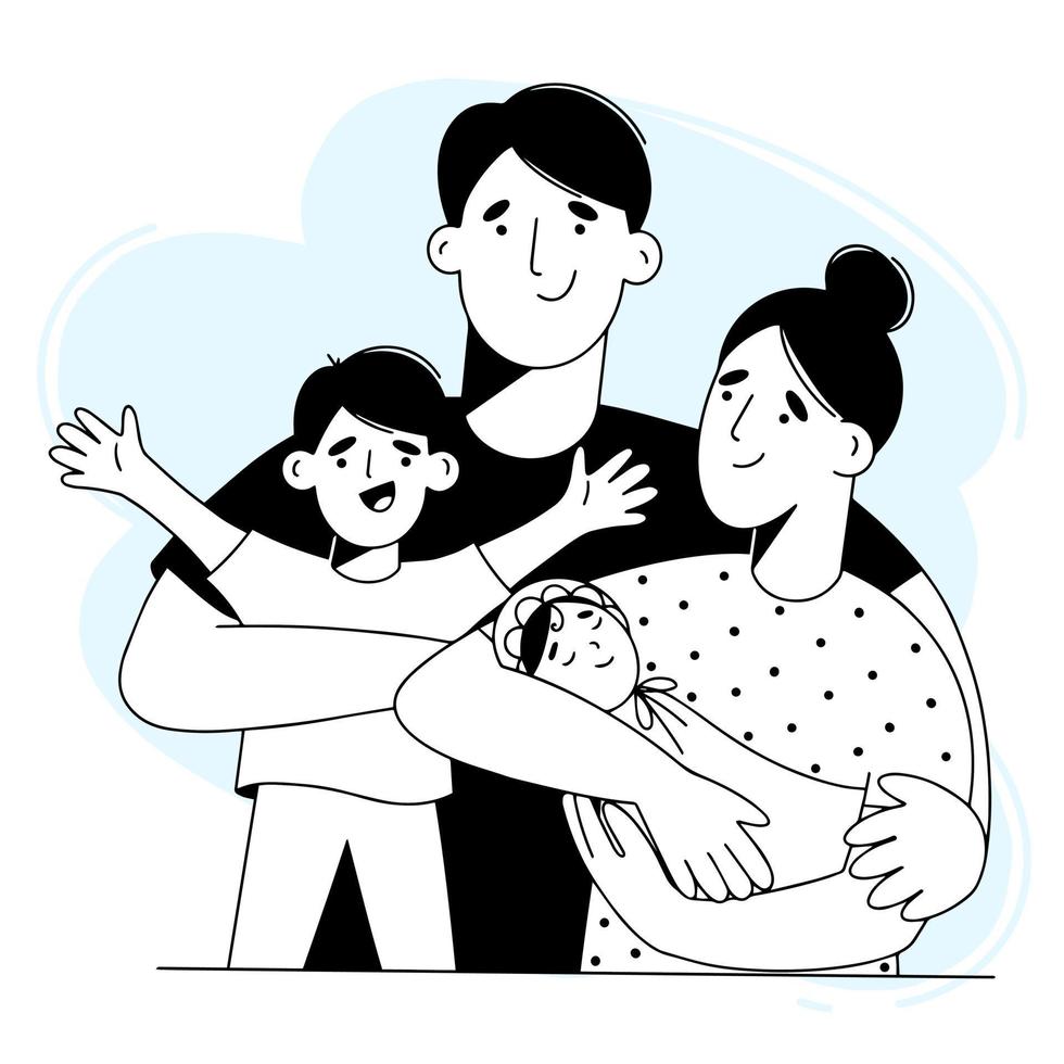 giovane famiglia con due figli. la donna tiene il neonato tra le braccia vettore