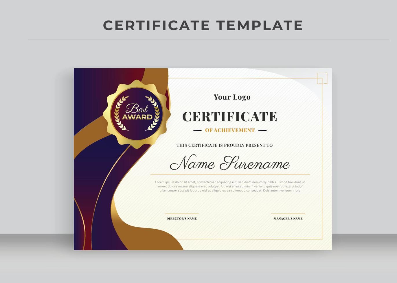 modello di certificato di apprezzamento, certificato di conseguimento, diploma di premiazione vettore