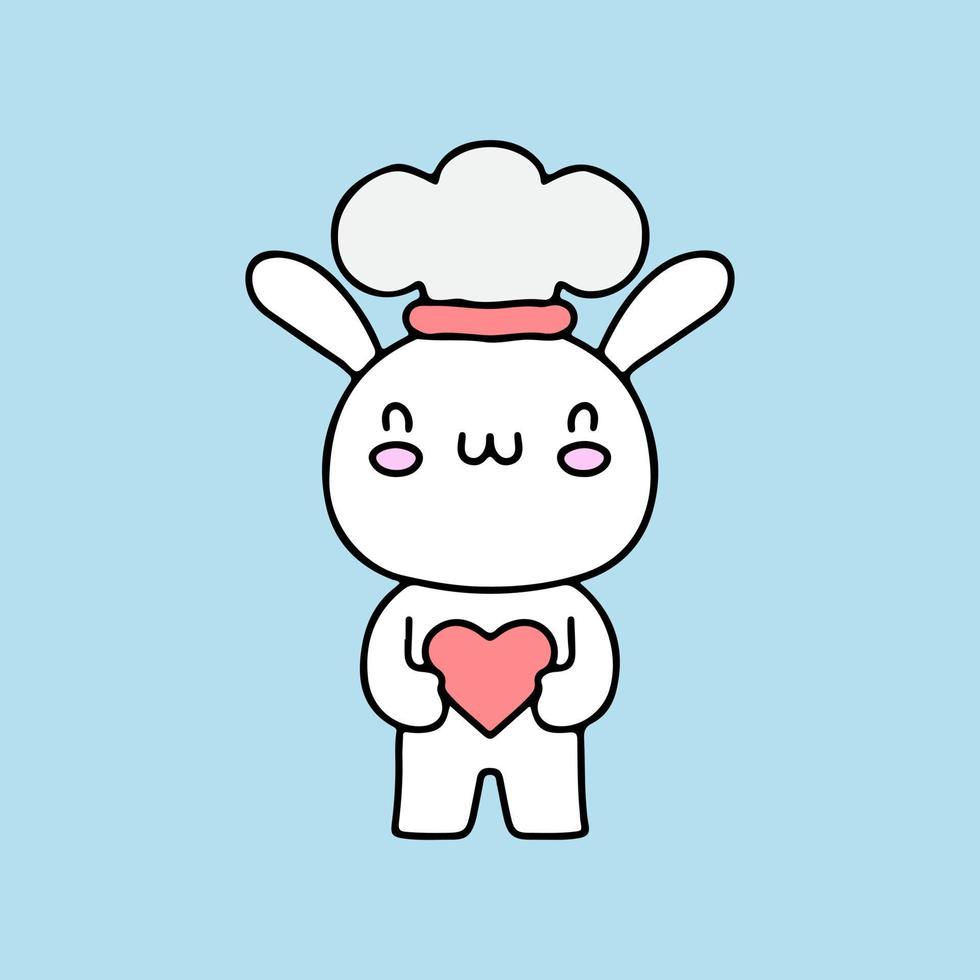 simpatico personaggio della mascotte del coniglietto dello chef che tiene il cuore. illustrazione per adesivo e maglietta. vettore