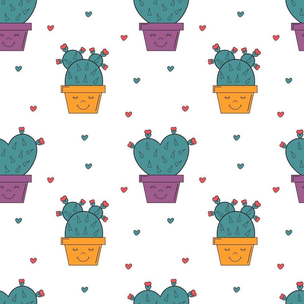 senza cuciture con cactus in vaso e cuori. illustrazioni vettoriali per carta da regalo, tessile, stampa. sfondo romantico e adorabile con cactus dei cartoni animati. piante grasse in vaso. stile messicano.