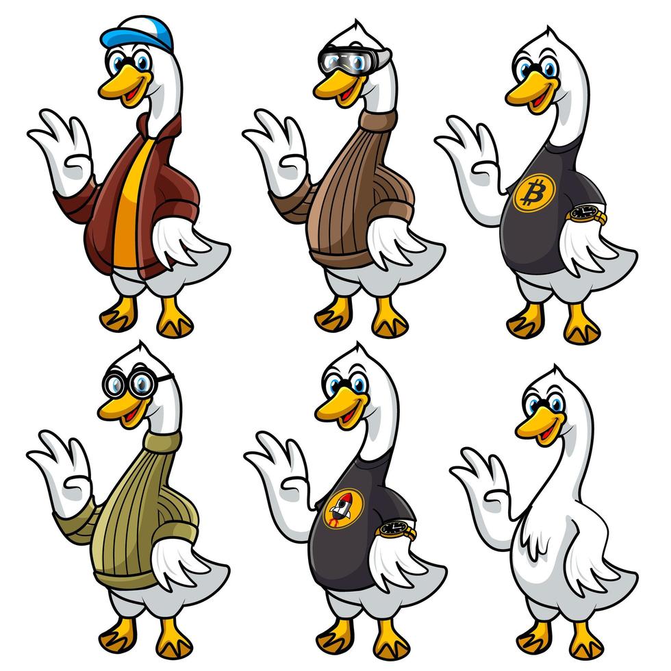 set di mascotte del cigno dei cartoni animati che indossano diversi accessori di abbigliamento vettore