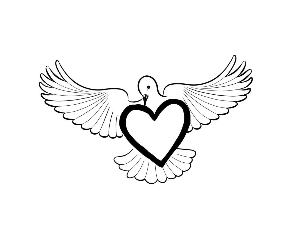 cuore d'amore portato da una colomba di uccelli in volo. concetto di saluto di san valentino. segno del matrimonio nuziale. vettore