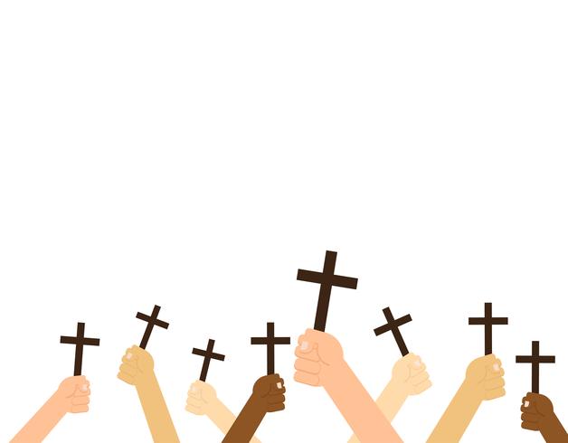 Mani che tengono croce cristiana isolato su sfondo bianco - illustrazione vettoriale