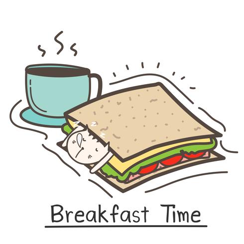 Ora di colazione con Cute Cat Sandwich e caffè. Illustrazione vettoriale