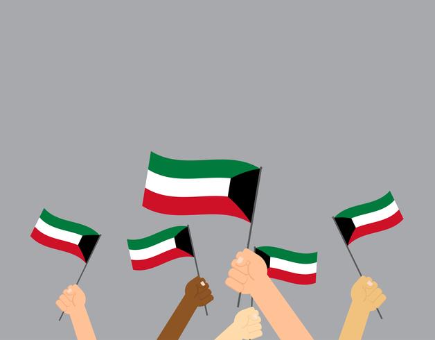 Illustrazione vettoriale mani in possesso di bandiere del Kuwait isolato su sfondo grigio