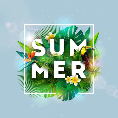 Progettazione di vacanza estiva con l&#39;uccello del tucano, il fiore del pappagallo e le piante tropicali su fondo blu. Illustrazione vettoriale con foglie di palma esotiche e filodendro