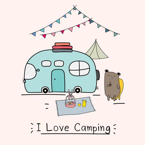 Amo il concetto di campeggio con orso carino e camper. Illustrazione vettoriale per bambini.