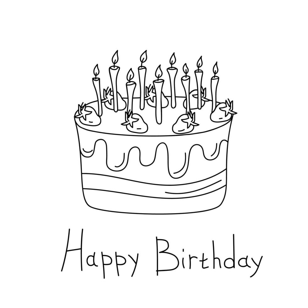 biglietto di compleanno in stile doodle. torta di compleanno con fragole e candeline. vettore