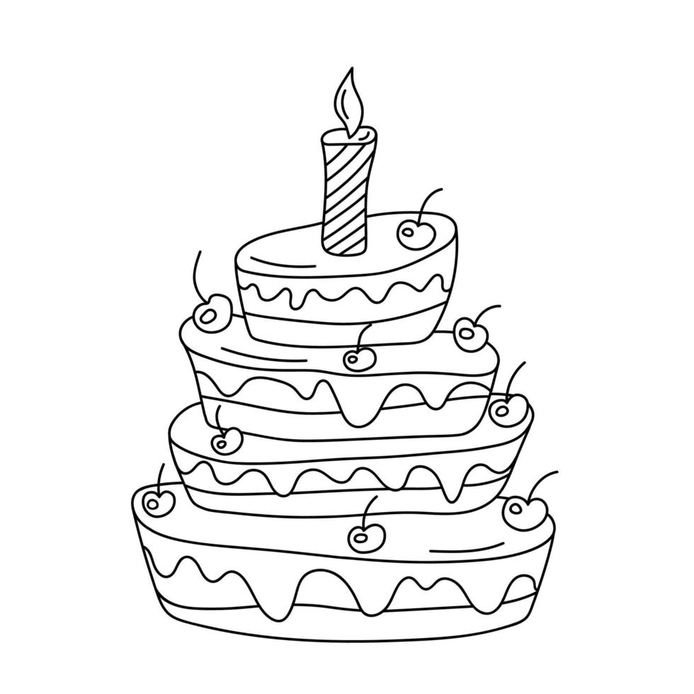 torta di compleanno a tre livelli con candela in stile doodle. vettore