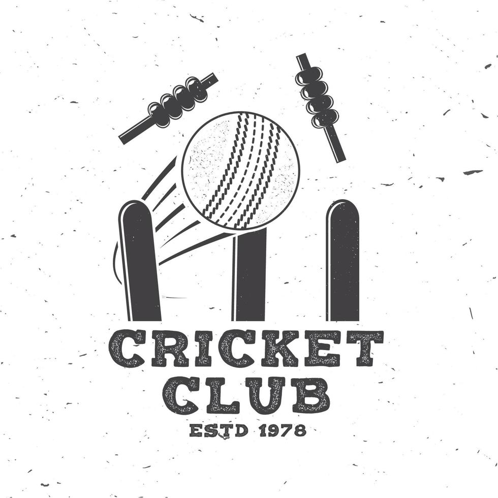 distintivo del club di cricket. vettore. concetto per camicia, stampa, francobollo o t-shirt. design tipografico vintage con silhouette di wicket, cauzione e palla da cricket. modelli per club sportivo. vettore