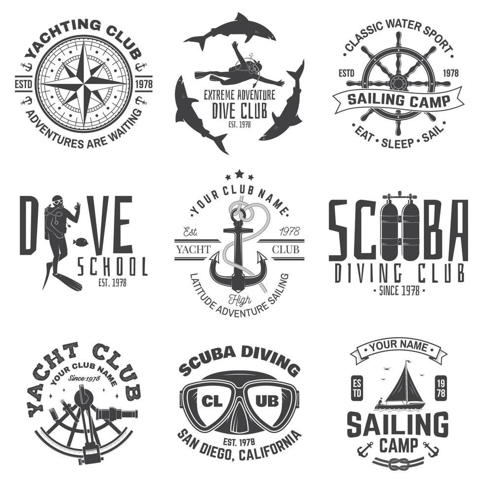 set di badge per campi di vela, yacht club e diving club. vettore. concetto per camicia, francobollo o t-shirt. design tipografico vintage con attrezzatura subacquea e silhouette di barca a vela. sport acquatico estremo. vettore