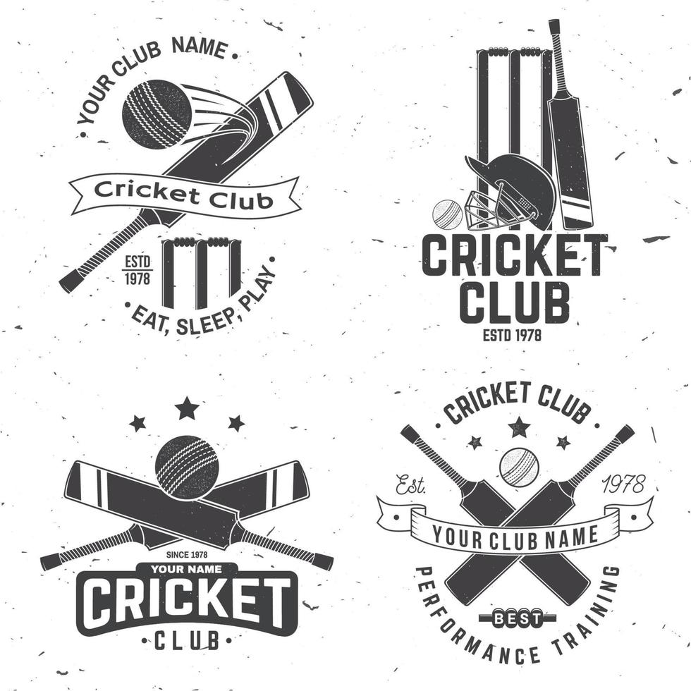 set di distintivi del club di cricket. vettore. concetto per camicia, francobollo o t-shirt. design tipografico vintage con silhouette di palla da cricket, wicket, cauzione e casco. modelli per club sportivo. vettore