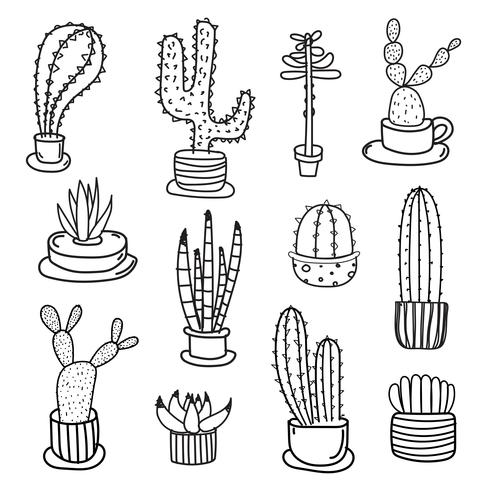 Insieme disegnato a mano di vettore del cactus di scarabocchio. Illustrazione vettoriale a mano.