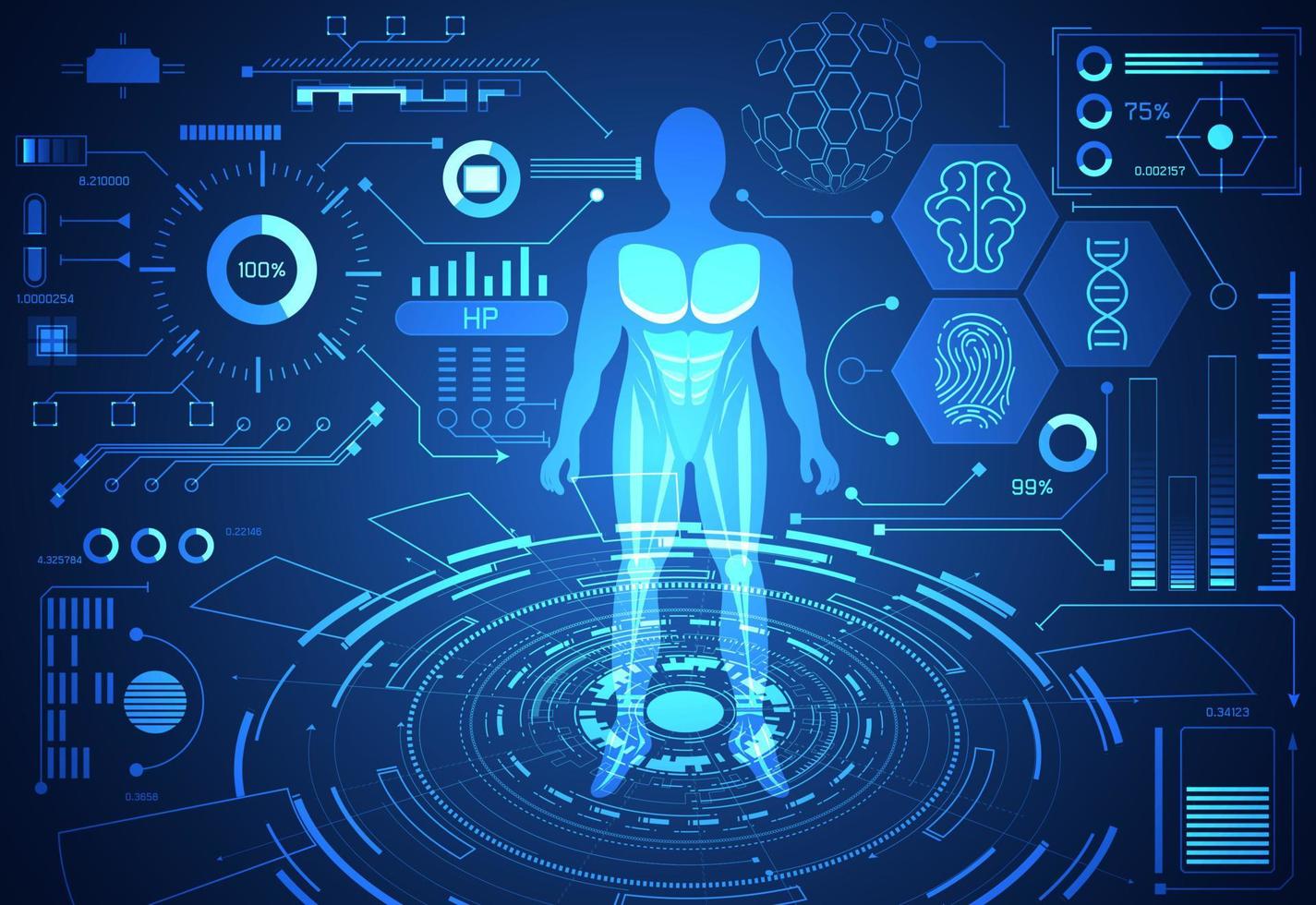astratto tecnologia scienza concetto dati umani salute digitale hud interfaccia elementi di medicina analisi impronte digitali, cervello, dna e percentuale vitalità innovazione su hi tech futuro design sfondo vettore