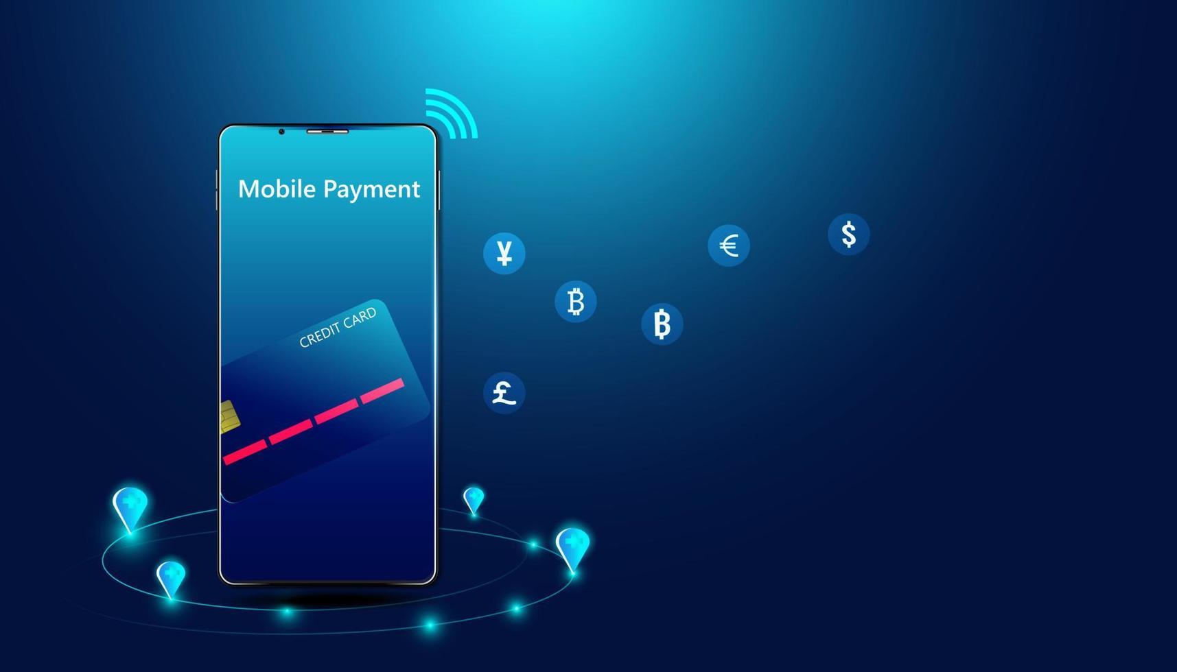 pagamento mobile astratto concetto di telefono e carta di credito pagamento online tramite apparecchiature e carte di credito per lo shopping. vettore