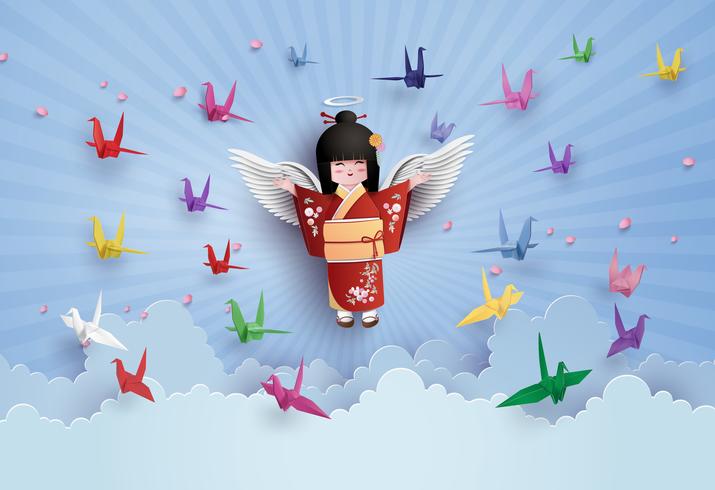 Ragazze giapponesi che indossano abito nazionale e origami uccello che vola sul cielo con clound. vettore