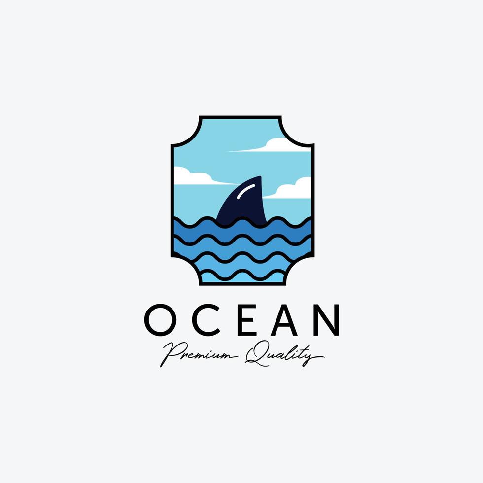 emblema del logo dell'arte della linea degli squali oceanici, disegno dell'illustrazione della marina del Pacifico, concetto vettoriale della linea costiera dell'orizzonte