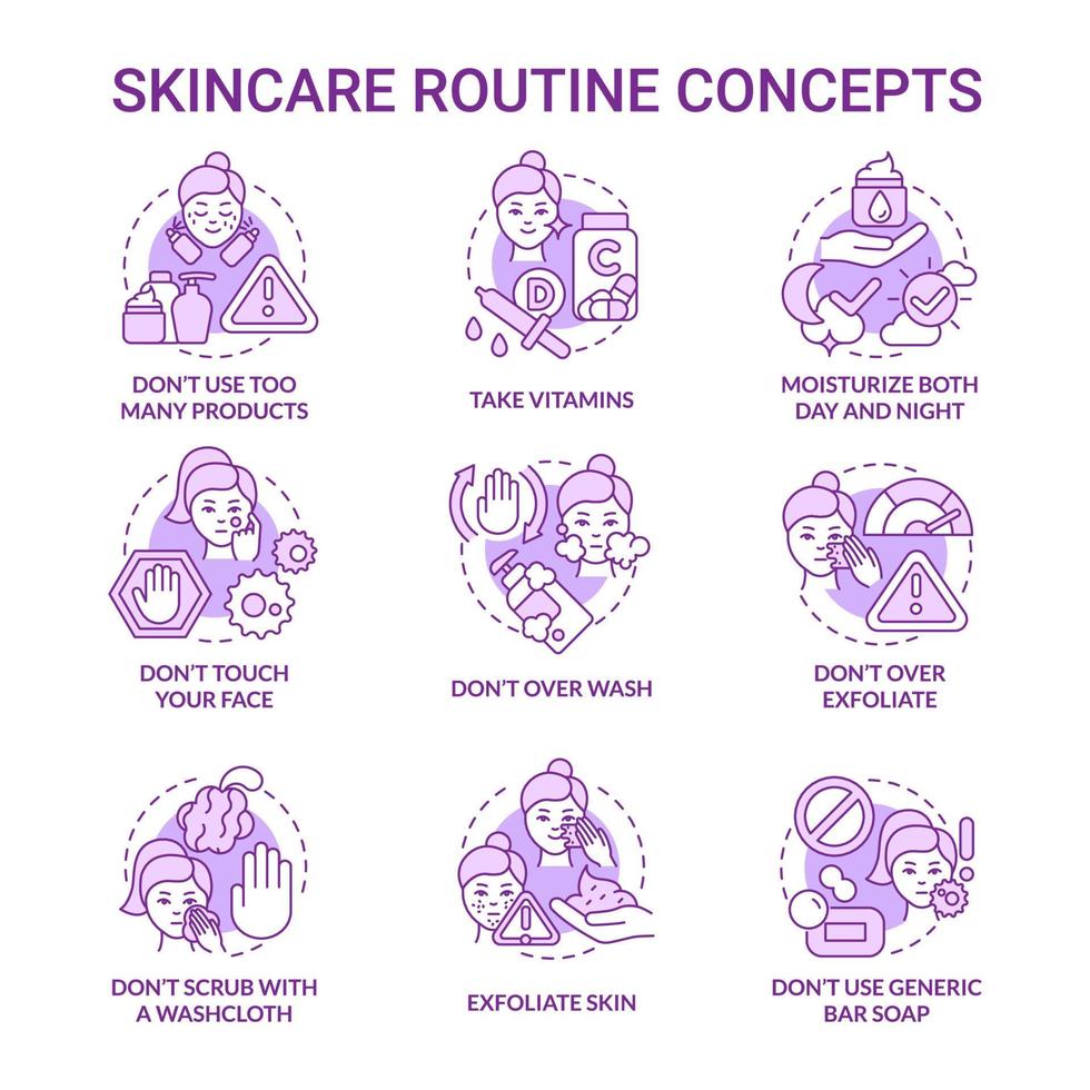 set di icone di concetto viola di routine per la cura della pelle. procedura cosmetologica facciale. illustrazioni a colori linea sottile idea stile di vita di bellezza. disegni di contorno isolati. roboto-medium, una miriade di caratteri pro-grassetto utilizzati vettore