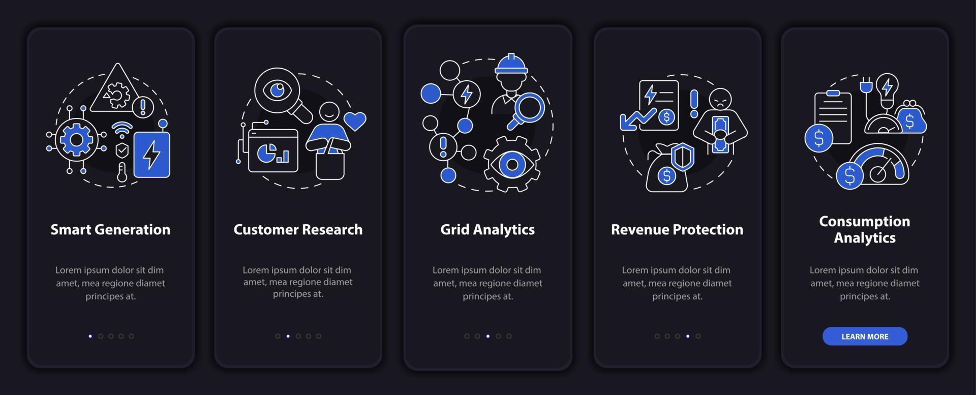 possibilità della modalità notturna della rete intelligente che integra lo schermo dell'app mobile. net walkthrough 5 passi istruzioni grafiche pagine con concetti lineari. ui, ux, modello gui. sono stati utilizzati una miriade di caratteri normali in grassetto vettore