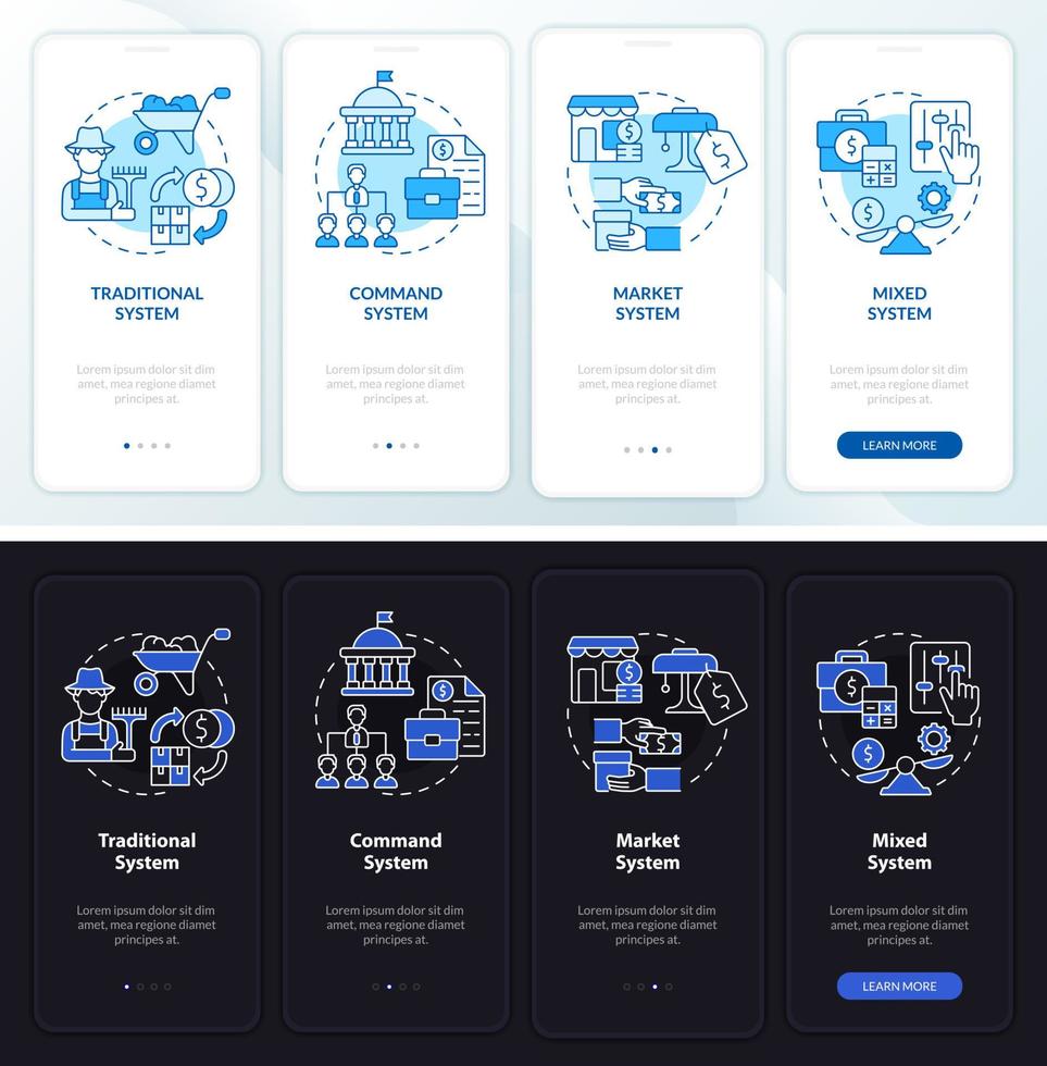 tipi di sistema economico modalità notte e giorno onboarding schermo dell'app mobile. procedura dettagliata 4 passaggi pagine di istruzioni grafiche con concetti lineari. ui, ux, modello gui. sono stati utilizzati una miriade di caratteri normali in grassetto vettore