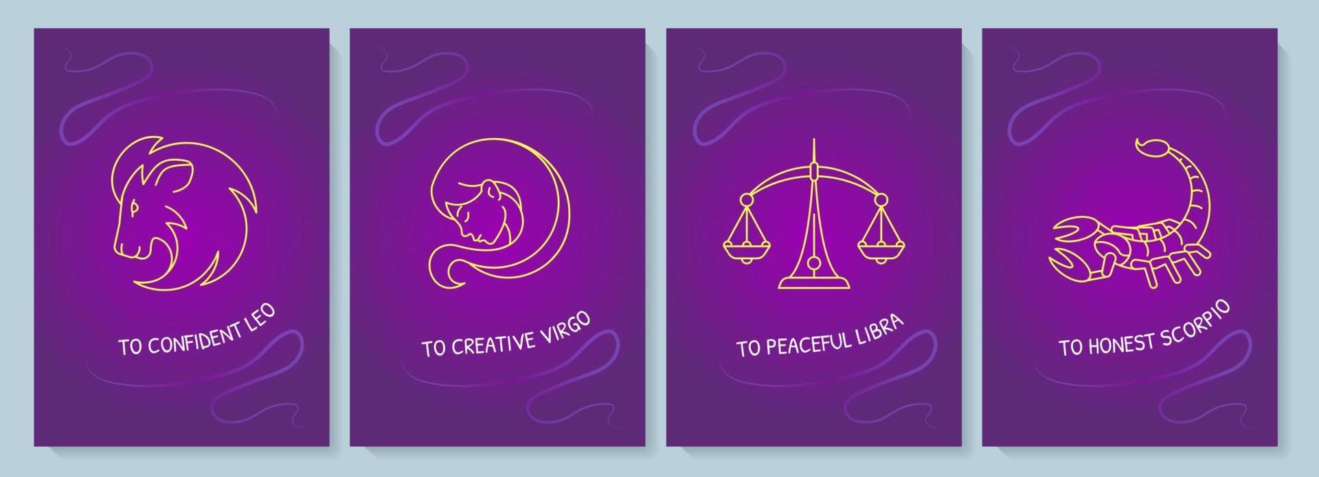 Cartolina di segni zodiacali con set di icone glifo lineare. oroscopo. biglietto di auguri con disegno vettoriale decorativo. poster in stile semplice con illustrazione lineart creativa. volantino con auguri di vacanza