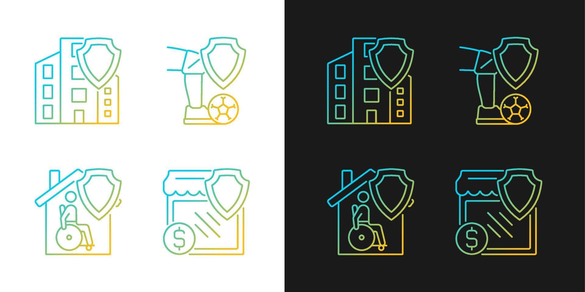 icone del gradiente delle casse assicurative impostate per la modalità scura e chiara. risarcimento economico per infortuni. fascio di simboli di contorno a linea sottile. raccolta di illustrazioni di contorno vettoriale isolata in bianco e nero