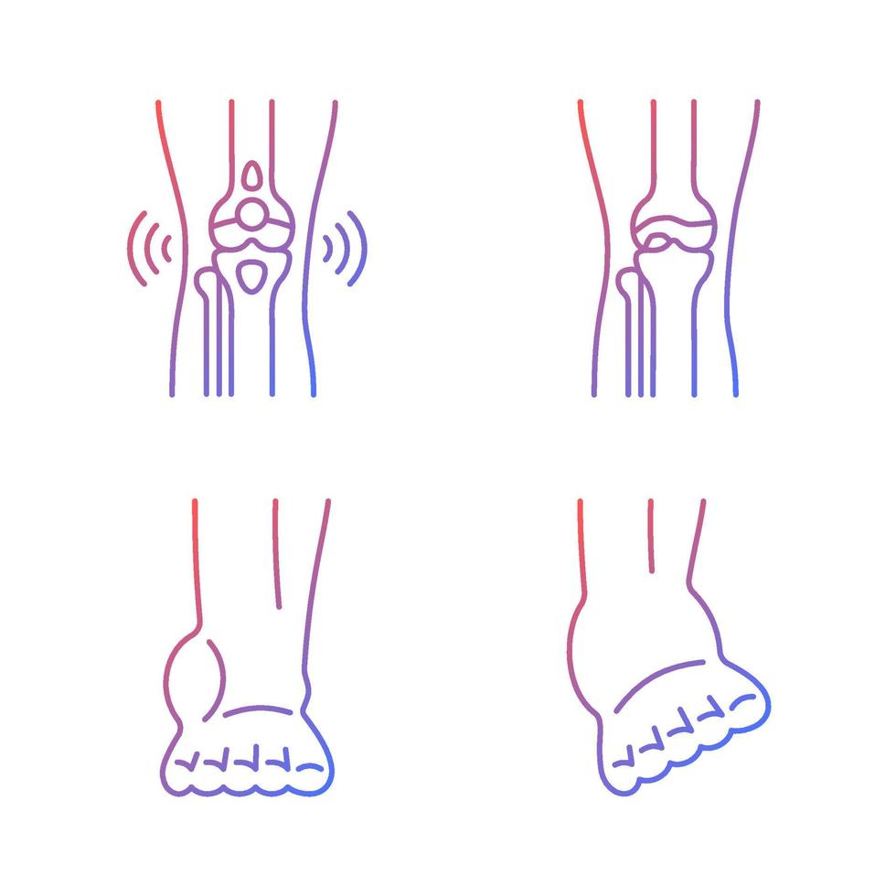 set di icone vettoriali lineari con gradiente di dolore alle gambe dell'artrite. malattia degenerativa delle articolazioni. condizione di borsite. stiramenti muscolari. fascio di simboli di contorno a linea sottile. raccolta di illustrazioni di contorno isolato