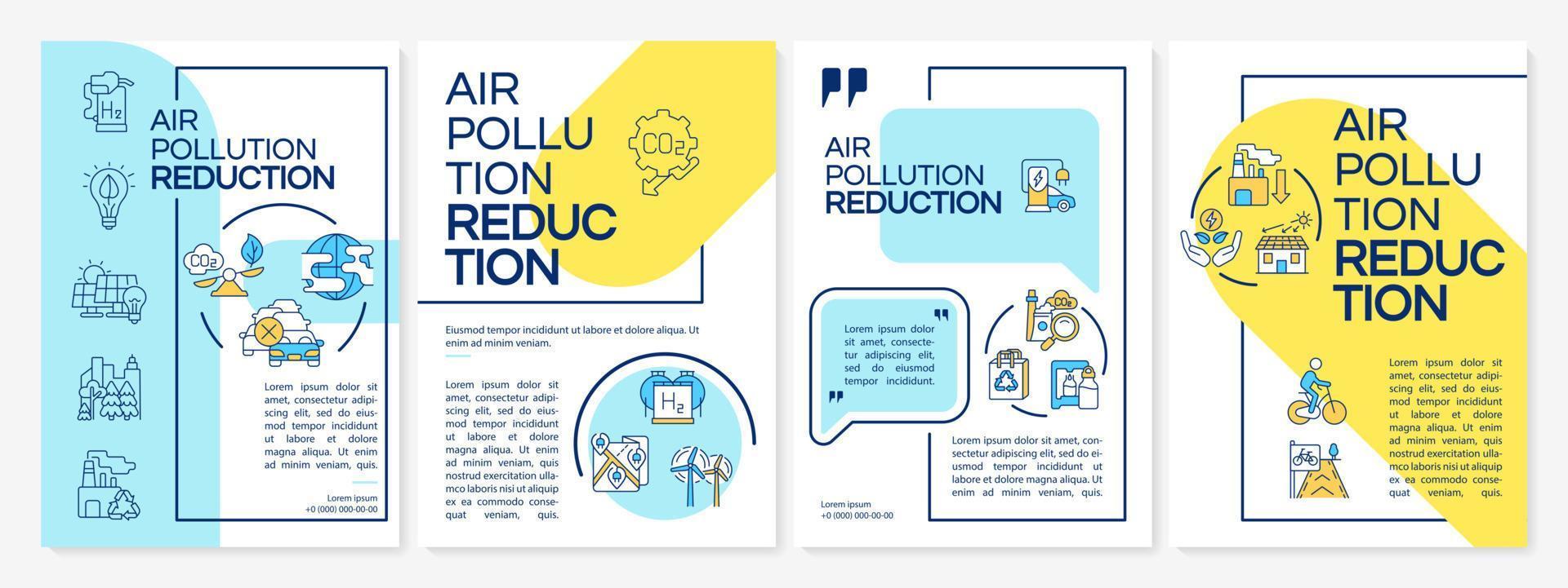 modello di brochure per la riduzione dell'inquinamento atmosferico. energia sostenibile. volantino, opuscolo, stampa depliant, copertina con icone lineari. layout vettoriali per presentazioni, relazioni annuali, pagine pubblicitarie