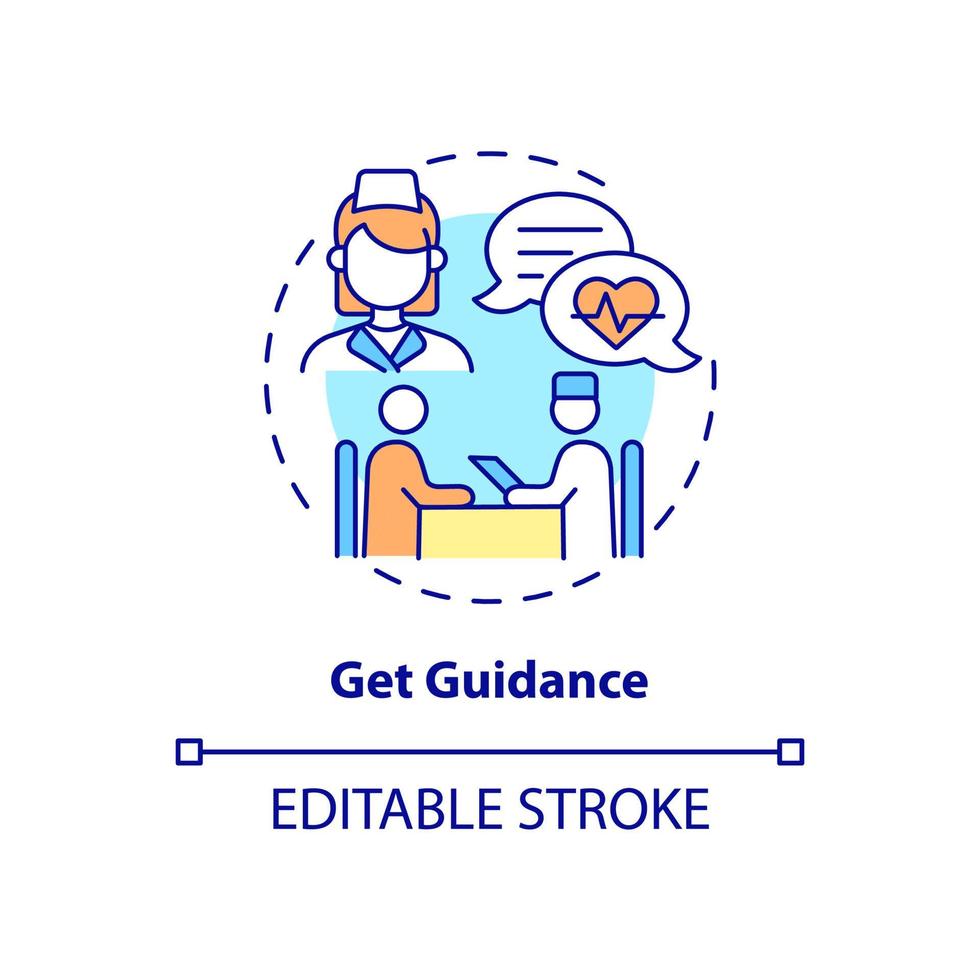 ottenere l'icona del concetto di guida. illustrazione di linea sottile di idea astratta di controllo annuale. consigli e trattamenti personali. consiglio dei medici. disegno a colori di contorno isolato vettoriale. tratto modificabile vettore