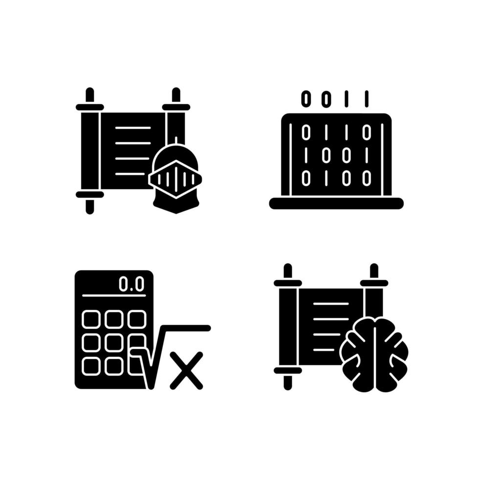 discipline umanistiche e soggetti applicati icone del glifo nero impostate su uno spazio bianco. storia, lezione di filosofia. algebra, si iscrive nelle istituzioni educative. simboli di sagoma. illustrazione vettoriale isolato