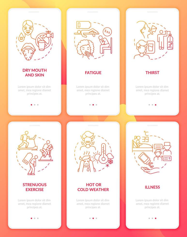 set di schermate della pagina dell'app mobile per l'onboarding del gradiente rosso del consumo di acqua. disidratazione procedura dettagliata 3 passaggi istruzioni grafiche con concetti. modello vettoriale ui, ux, gui con illustrazioni a colori lineari