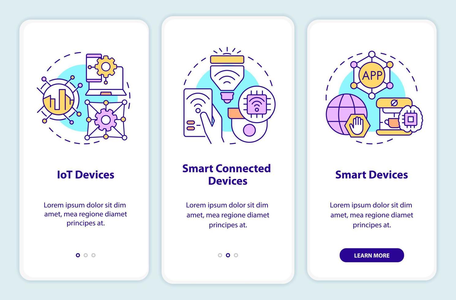 esempi di tecnologie intelligenti che integrano lo schermo dell'app mobile. dispositivi iot procedura dettagliata 3 passaggi pagine di istruzioni grafiche con concetti lineari. ui, ux, modello gui. sono stati utilizzati una miriade di caratteri normali in grassetto vettore