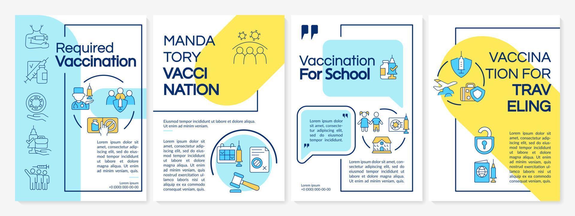 modello di brochure sui requisiti di vaccinazione. lavoro e viaggi. volantino, opuscolo, stampa depliant, copertina con icone lineari. layout vettoriali per presentazioni, relazioni annuali, pagine pubblicitarie