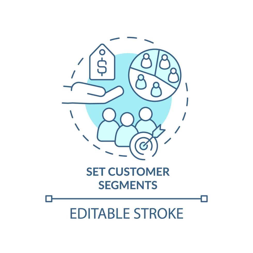 impostare l'icona del concetto turchese dei segmenti di clienti. illustrazione della linea sottile dell'idea astratta del segmento di mercato. disegno di contorno isolato. tratto modificabile. roboto-medium, una miriade di caratteri pro-grassetto utilizzati vettore