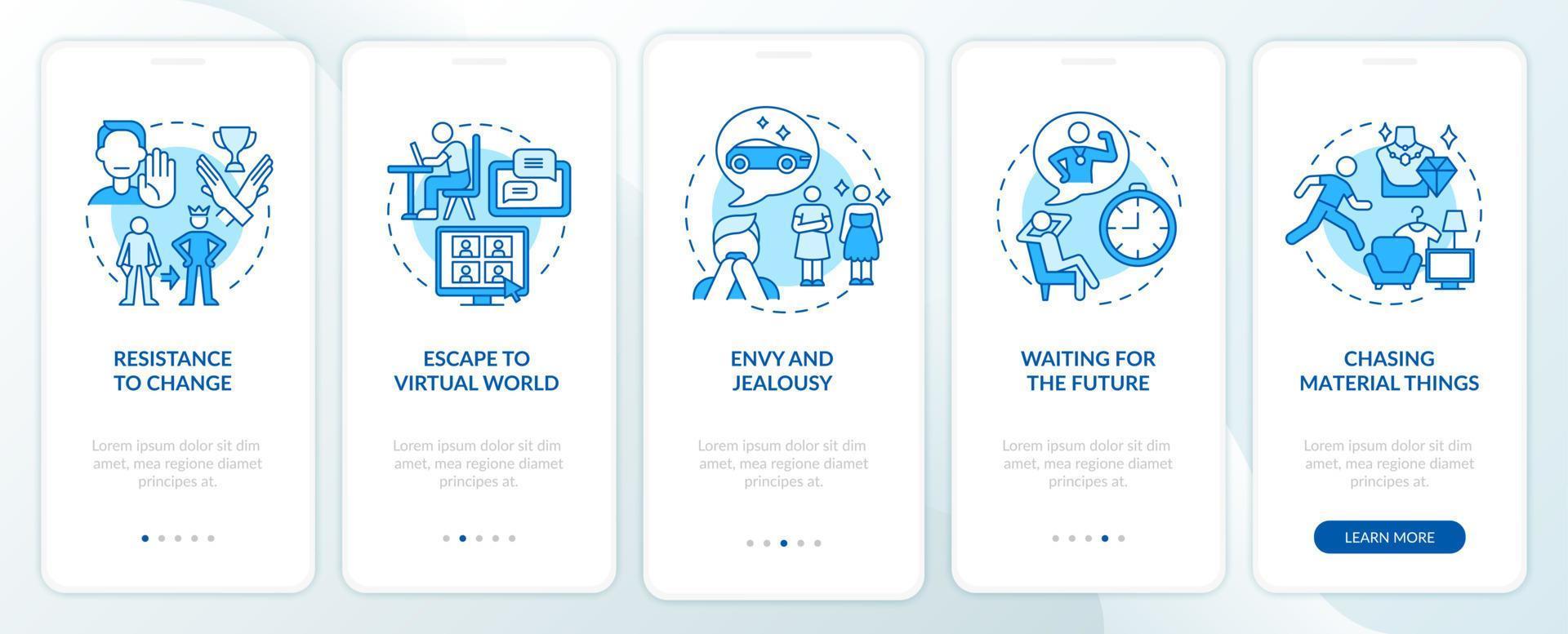 ostacoli alla mentalità della felicità blu onboarding schermata della pagina dell'app mobile. procedura dettagliata di successo 5 passaggi istruzioni grafiche con concetti. modello vettoriale ui, ux, gui con illustrazioni a colori lineari